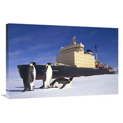 Global Gallery Emperor Penguin Trio and Russian Icebreaker Parked in Fast ice, Antarctica-Canvas Art-36"x24"