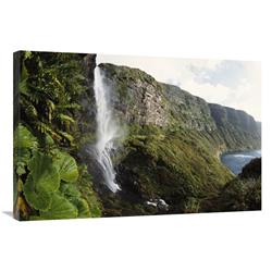 Global Gallery Waterfall Dropping into FATA Forest, Auckland Island, New Zealand-Canvas Art-36"x24"