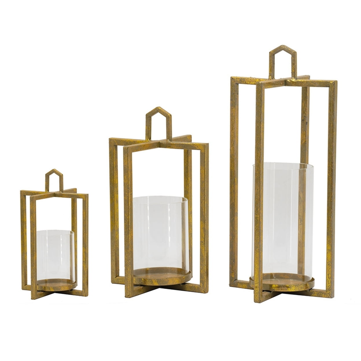 Picture of Benjara BM285278 19&#44; 15 & 11 in. Modern Tea Light Glass Holders Lanterns&#44; Gold - Set of 3