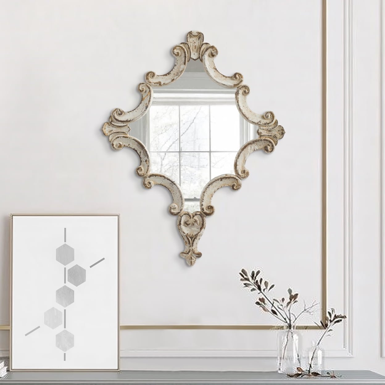 Picture of Benjara BM286109 30 in. Fir Wood Accent Wall Mirror with Carved Ornate Scrollwork, Antique White