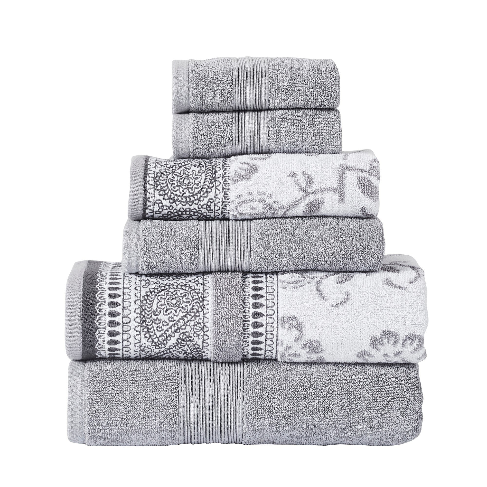 Picture of BenJara BM250058 Veria Towel Set with Paisley & Floral Motif Pattern The Urban Port&#44; Gray - 6 Piece