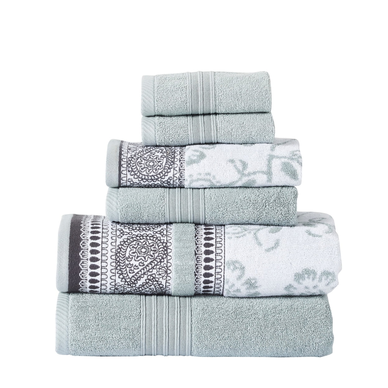 Picture of BenJara BM250061 Veria Towel Set with Paisley & Floral Pattern The Urban Port&#44; Sage Blue - 6 Piece