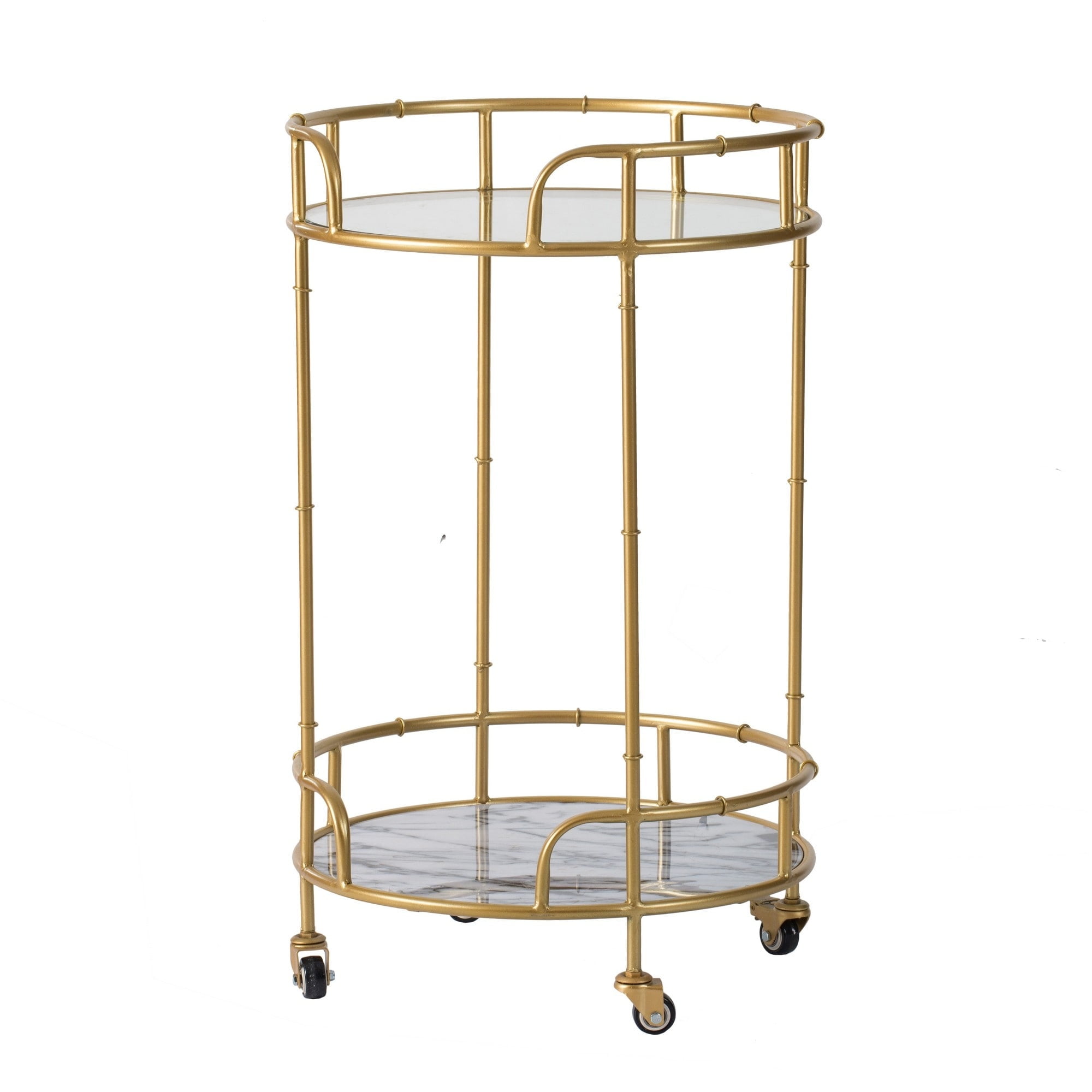 Picture of BenJara BM284732 33 in. Two Tiered Glass & Marble Shelves Caster Wheels Bar Cart&#44; Gold&#44; Gray & White