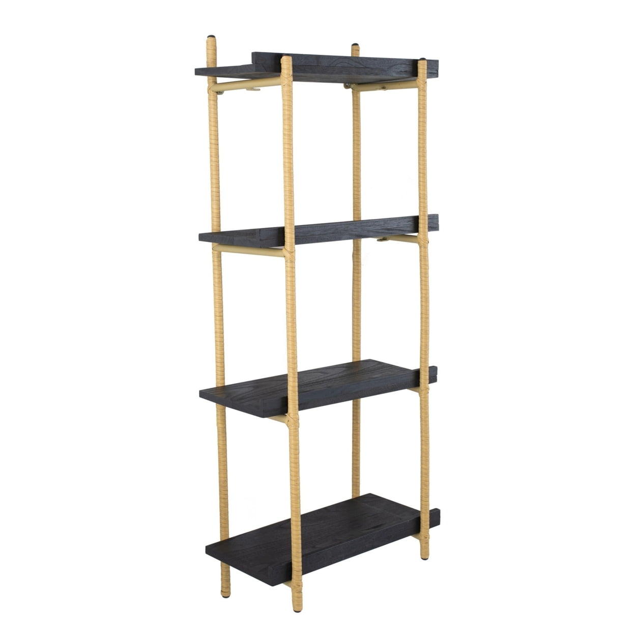 BM284767 44 in. Natural Rattan Braiding Modern Wood Four Tier Shelf, Gold & Black -  Benjara