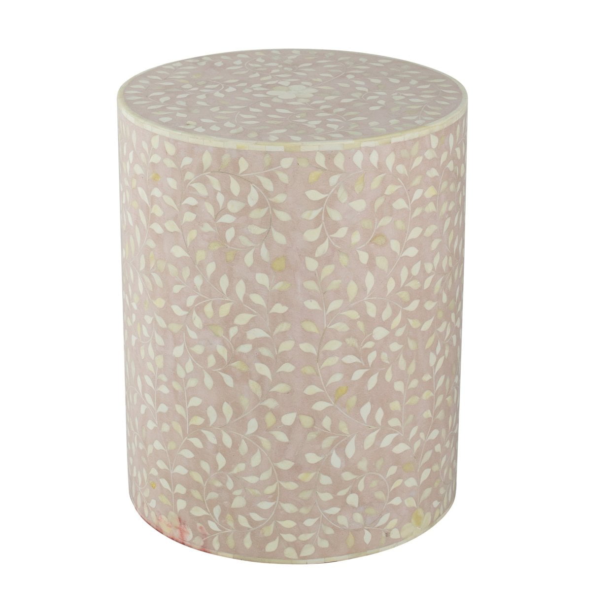 20 in. Round Side End Table with Wood Filigree Bone Inlay, Pale Pink & White -  DeluxDesigns, DE4327743