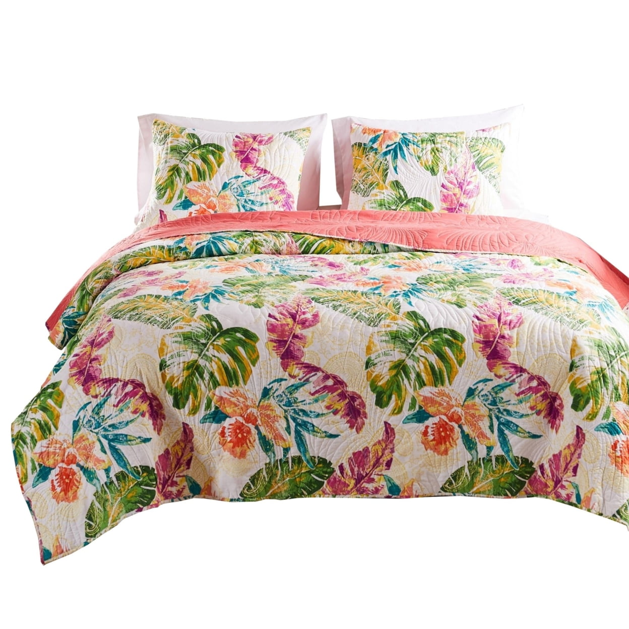 Picture of Benjara BM251007 3 Piece Aulne Full Size Quilt Set with Leaf Print, Multicolor
