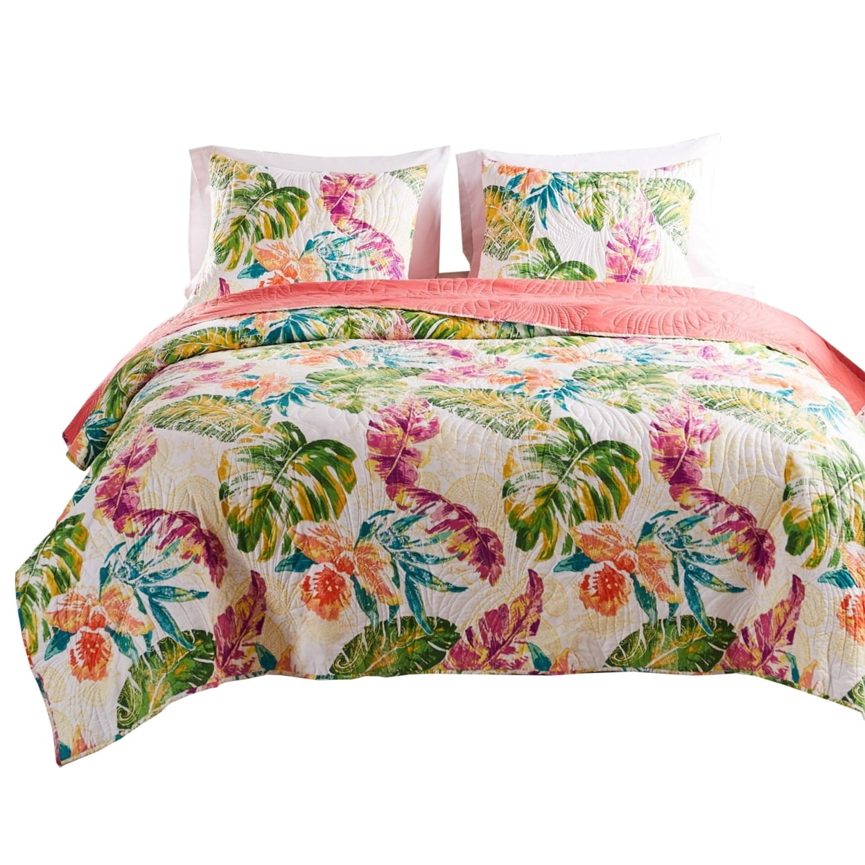 Picture of Benjara BM251009 3 Piece Aulne King Size Quilt Set with Leaf Print, Multicolor