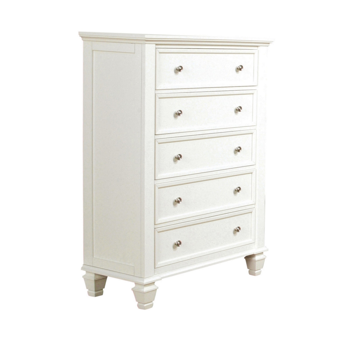 BM296707 53 in. Lila Tall Wood Dresser Chest of 5 Drawers with Raised Panels, White & Nickel -  Benzara