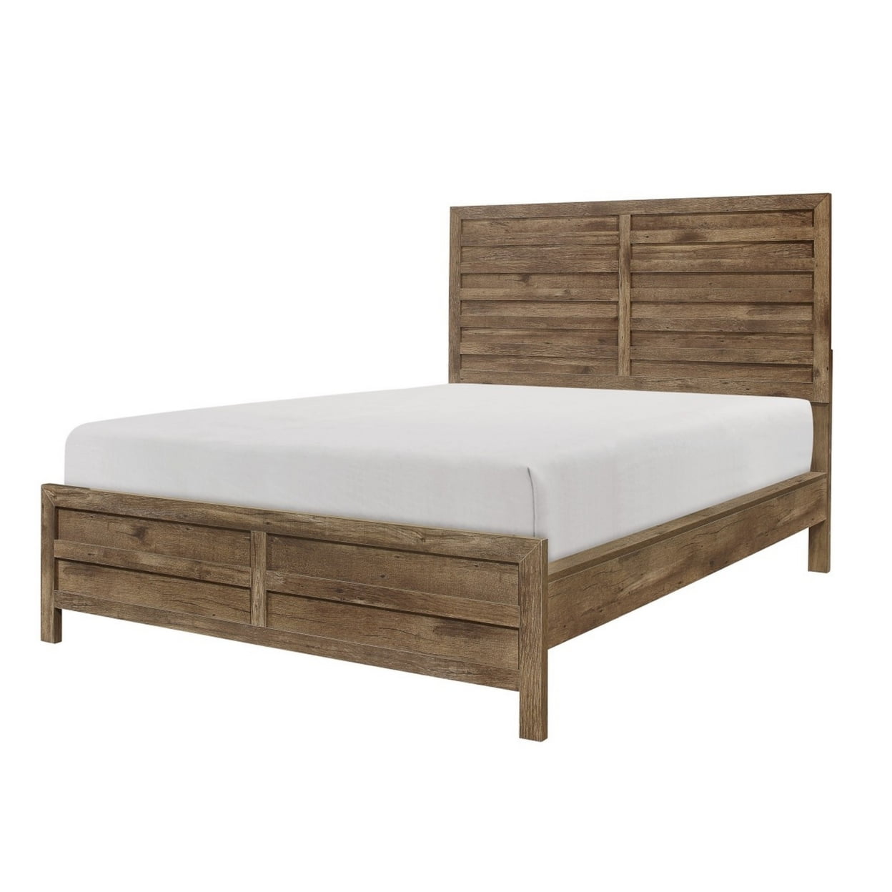 BM295852 Zane Transitional Bed with Wood Plank Design, Weathered Pine Veneer - Queen Size -  Benjara