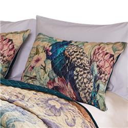 Picture of Benjara BM294299 36 in. Ufa Peacock Print & Vermicelli Stitching Quilted Pillow Sham&#44; Blue&#44; Orange & Red - King Size