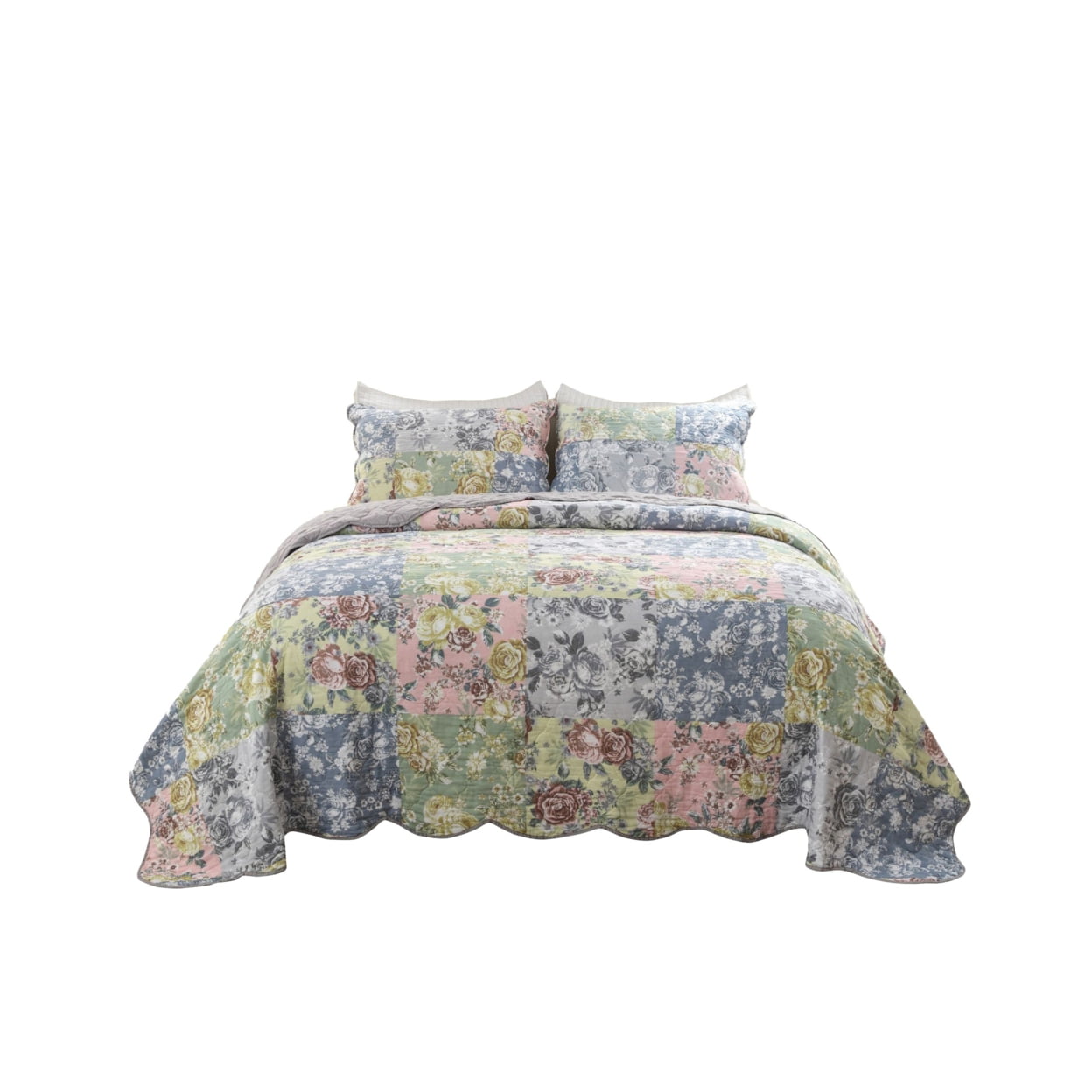 Picture of Benjara BM294301 Pastel Flowers & Scalloped Edges Eni Cotton Quilt Set&#44; Blue&#44; Green & Pink - Twin Extra Large - 2 Piece