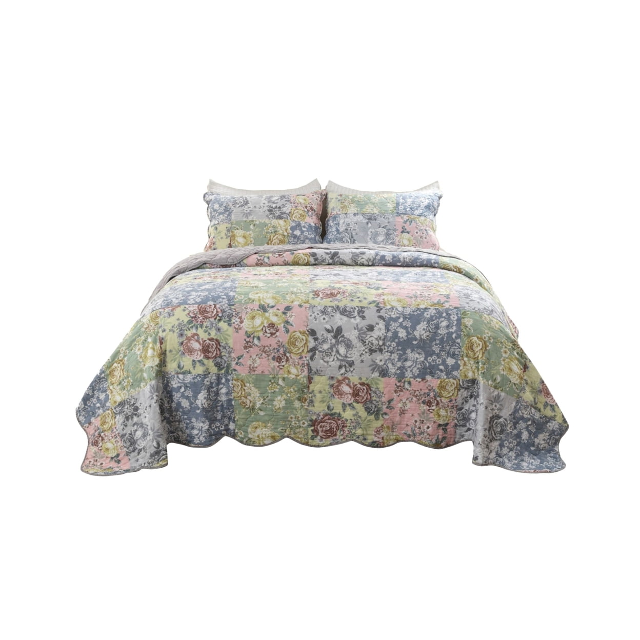 Picture of Benjara BM294302 Vibrant Pastel Flowers & Scalloped Eni Cotton Quilt Set&#44; Blue&#44; Green & Pink - Queen - 3 Piece