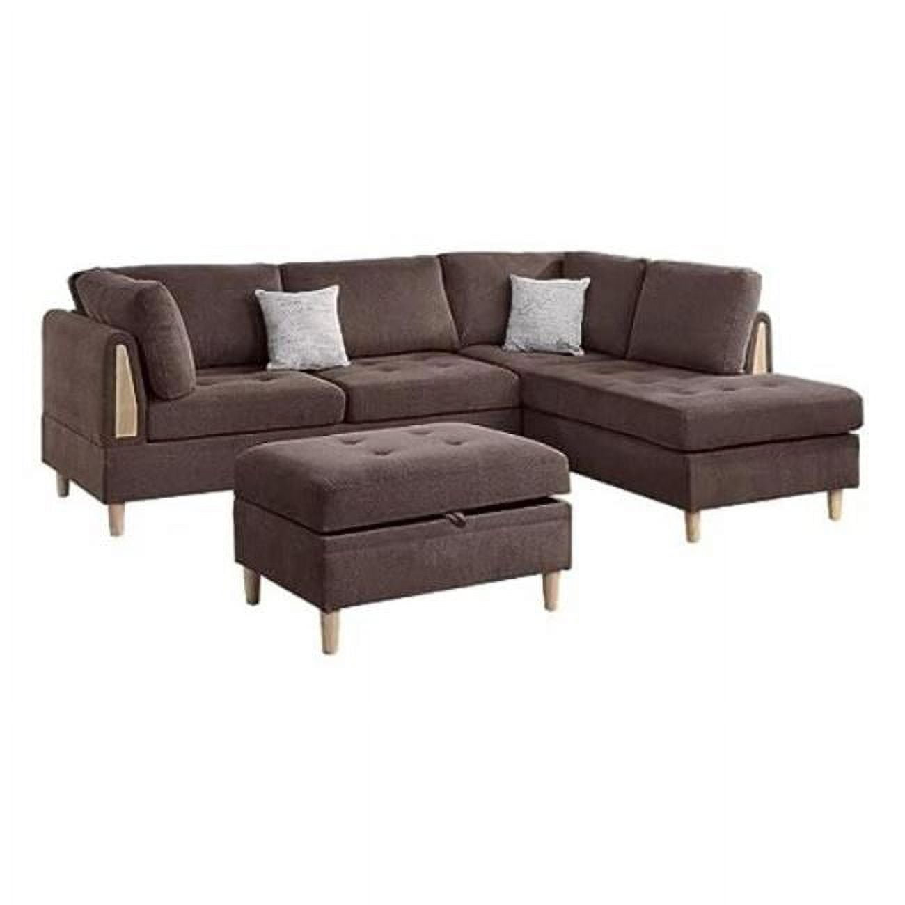 Picture of Benjara BM300269 2 Pillows Cato L Shape Sectional Sofa Set with Ottoman&#44; Brown - 3 Piece