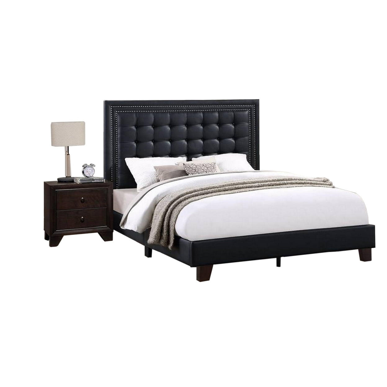 BM300185 Deep Tufted Upholstery & Faux Leather Vea Modern Platform Bed, Black - Queen Size -  Benjara