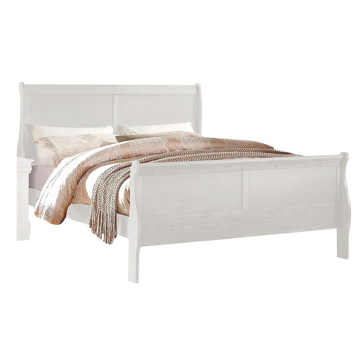 BM301422 Nin Queen Size Sleigh Bed, Minimalist Style Headboard - Classic White Wood -  Benjara