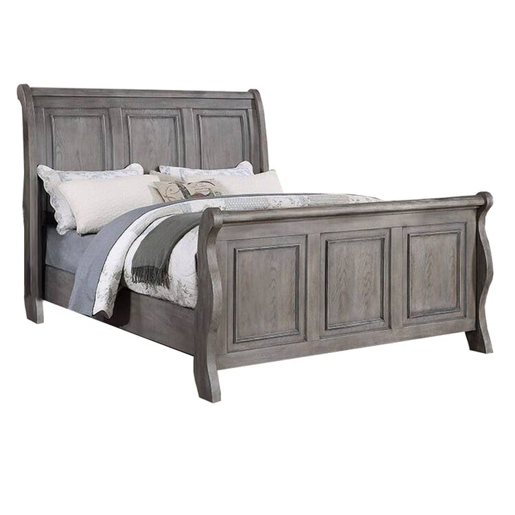 Demi California King Size Bed, Sleigh Headboard, Panel Molding - Oak Gray Wood -  DeluxDesigns, DE4327820