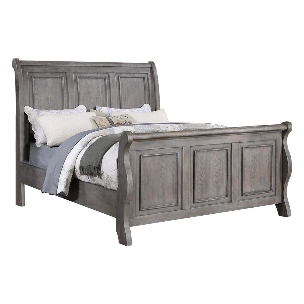 BM301327 Demi Queen Size Bed, Sleigh Headboard, Tri Panel Molding - Oak Gray Wood -  Benjara