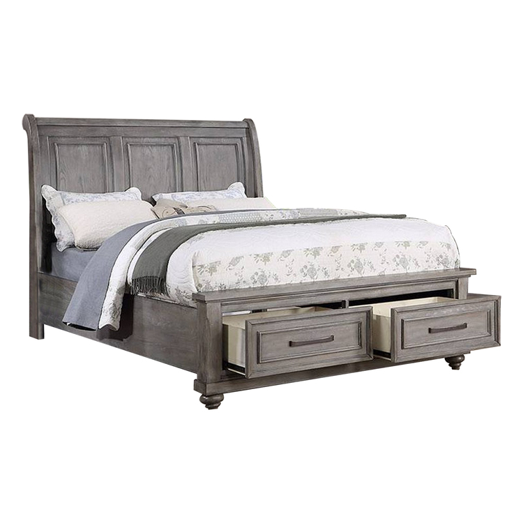 BM301330 Demi Queen Size Bed, Sleigh Headboard, 2 Storage Drawers, Oak Gray Wood -  Benjara