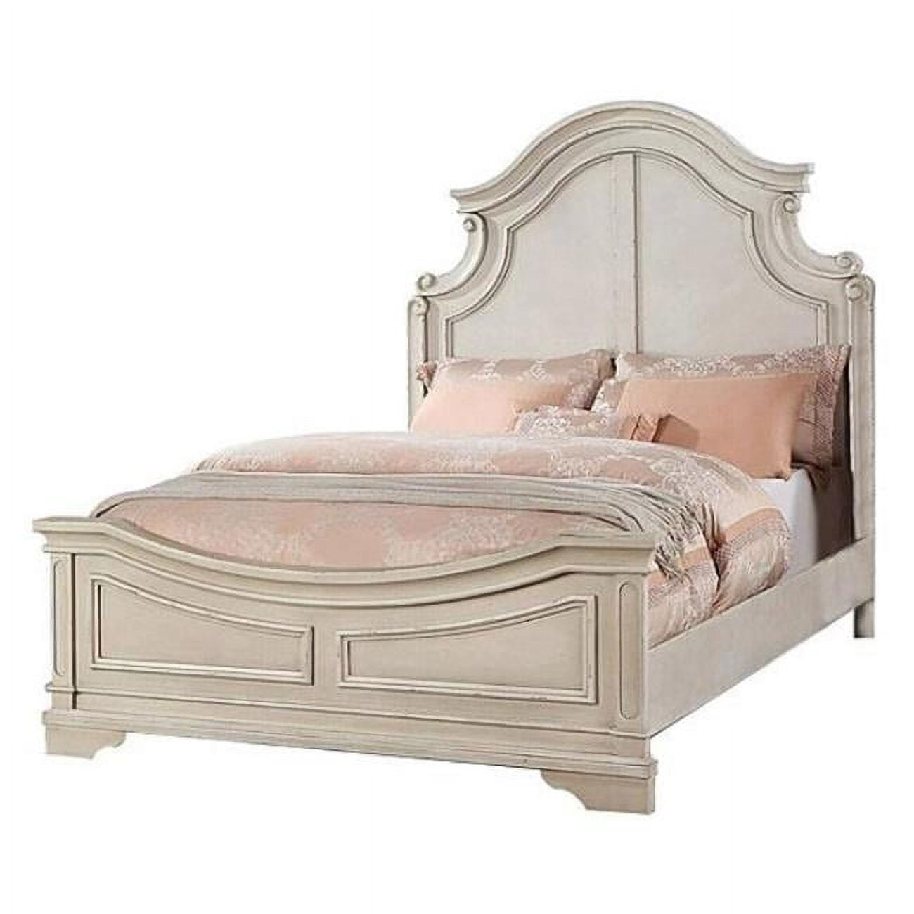 BM301333 Bev Classic Bed with Scalloped & Trimmed Design, Cream White - Queen Size -  Benjara