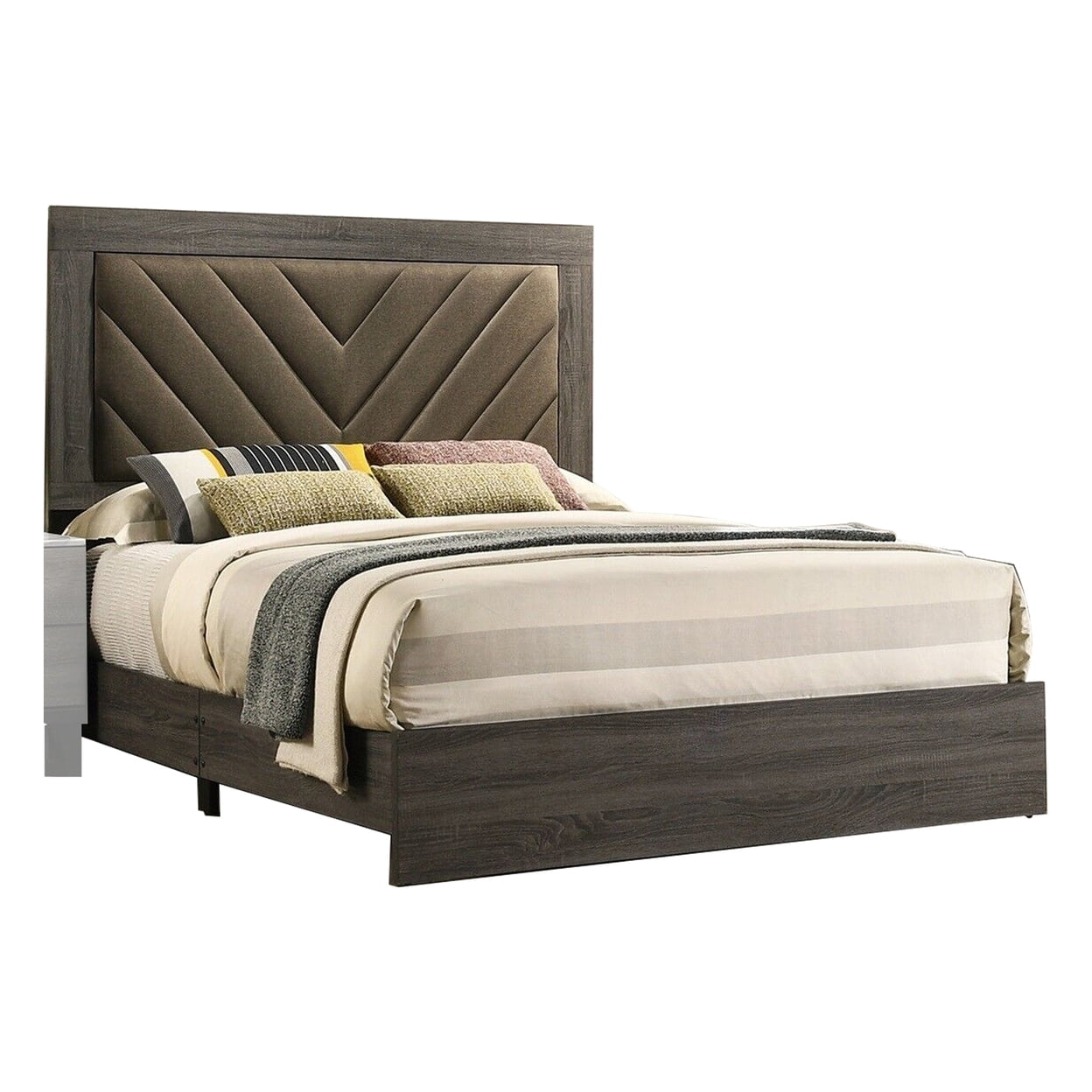 BM301356 Cato Upholstered Bed with Chevron Tufted Headboard, Dark Gray & Brown - Queen Size -  Benjara