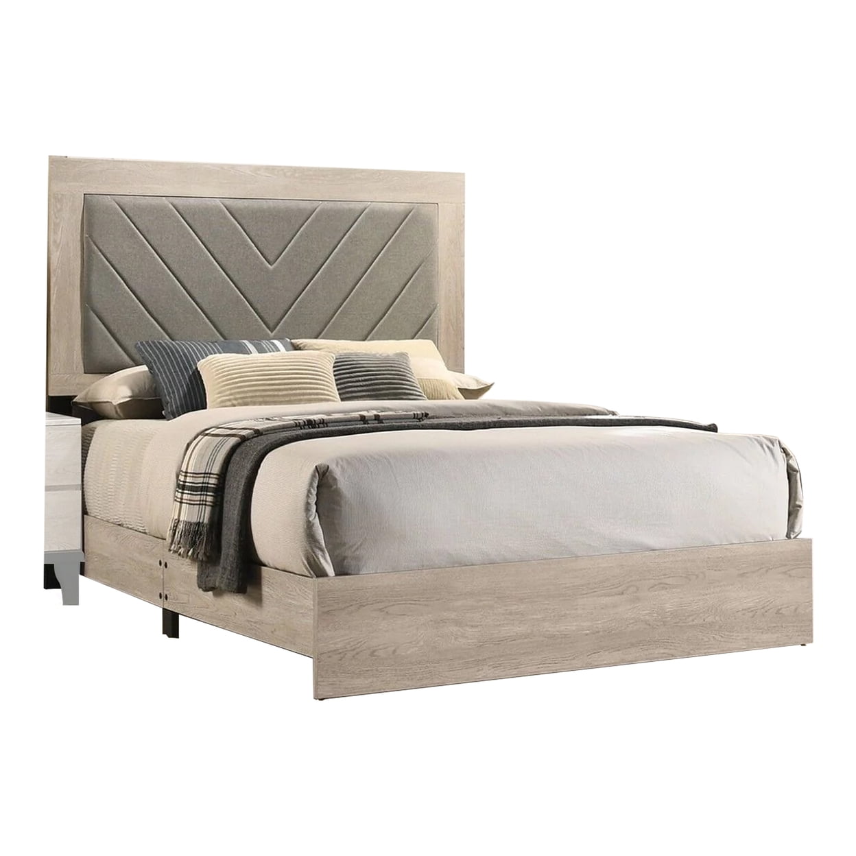 BM301359 Cato Upholstered Bed with Chevron Tufted Headboard, Gray & Cream - Queen Size -  Benjara