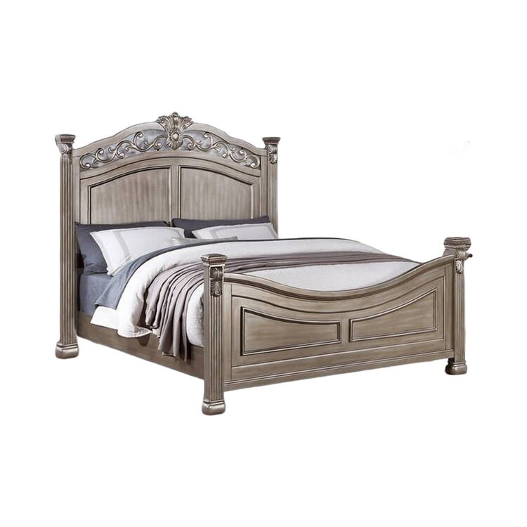 BM301362 Aza Traditional Wood Queen Size Bed, Leaf Carvings, Champagne & Gold -  Benjara