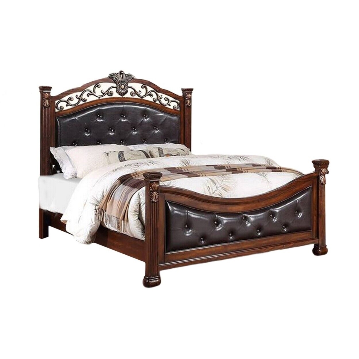 BM301371 Jax Traditional Queen Size Bed, Tufted Upholstered Headboard, Brown & Gray -  Benjara