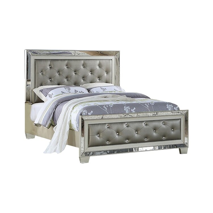 BM301384 Reva Queen Size Bed, Mirror Inlaid, Button Tufted Gray Faux Leather Upholstery -  Benjara