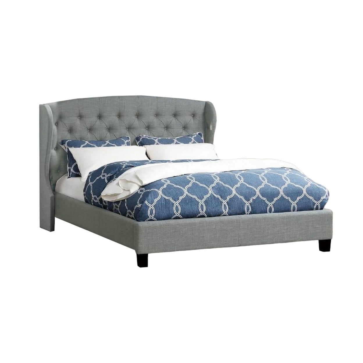 BM301399 Jimi Bed with Button Tufted Polyester Upholstered Headboard, Light Gray & Black - Queen Size -  Benjara