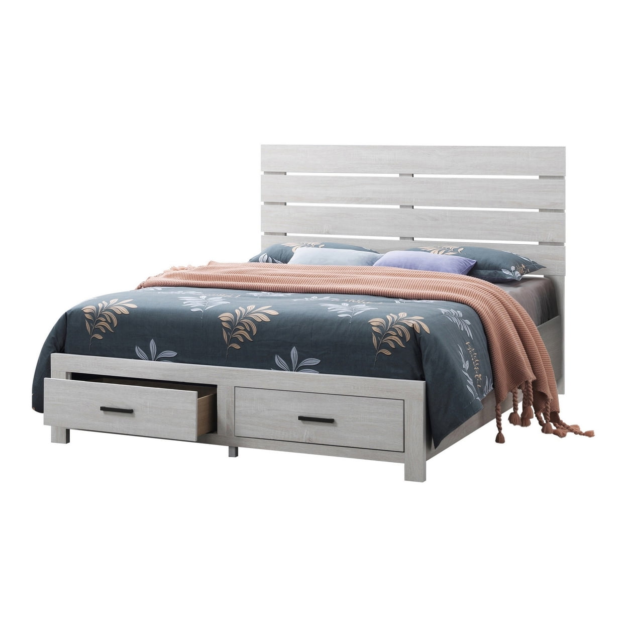 BM302814 Plank Style Headboard Ach Wood Queen Storage Bed with 2 Drawers, White -  Benjara