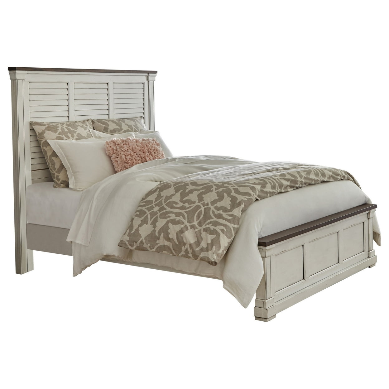 BM302842 Molded Trim Shutter Style Headboard Ola Queen Size Panel Bed, White & Brown -  Benjara