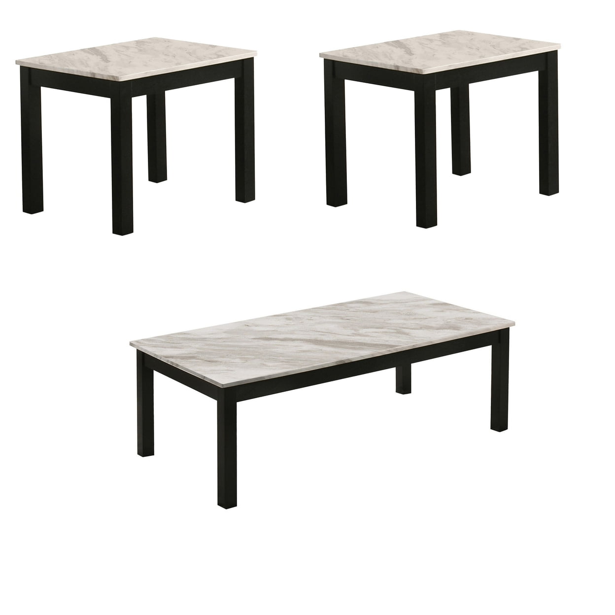 Picture of Benjara BM302516 Faux Marble Surface Coffee Table & End Table Set with Black Legs&#44; White & Black - 3 Piece