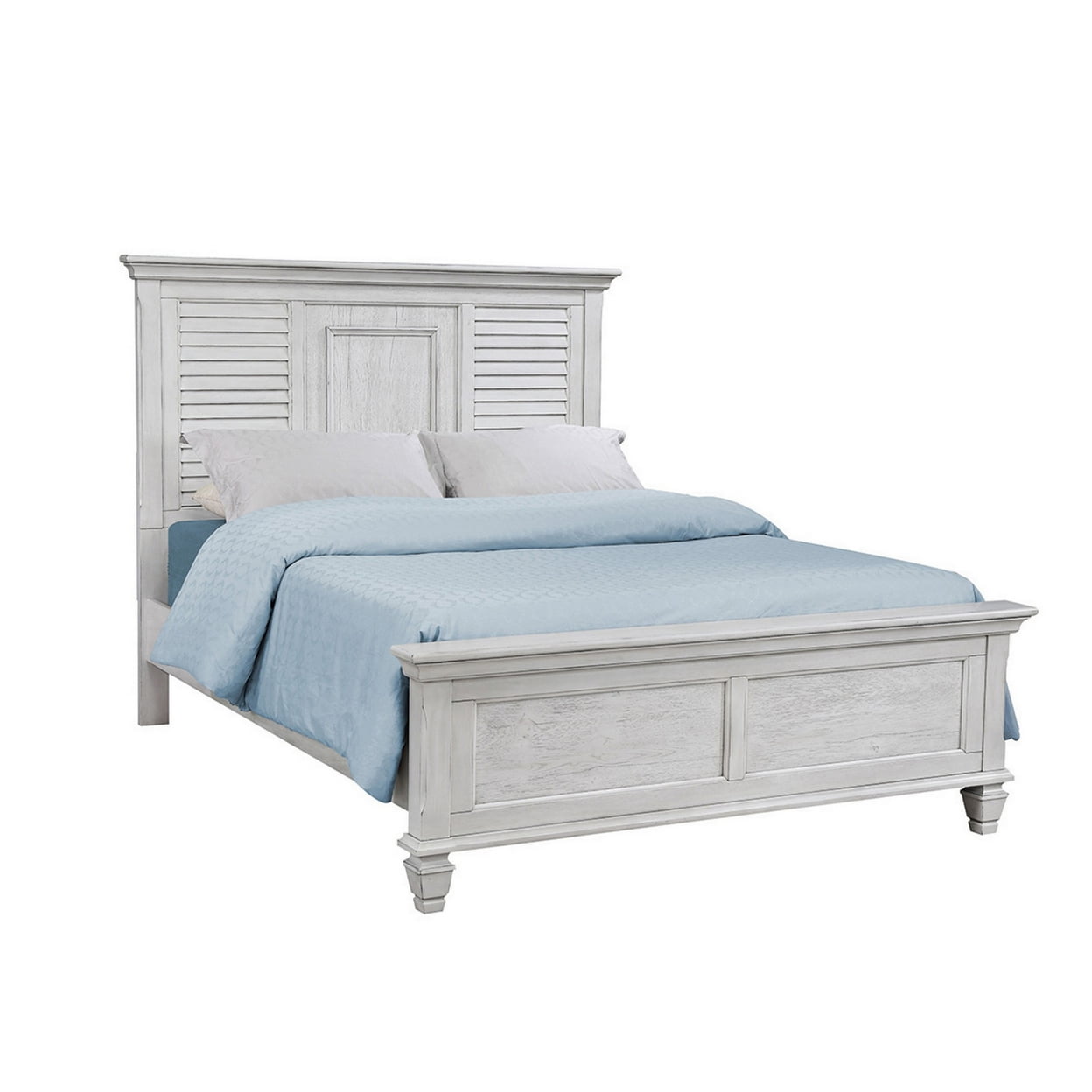 BM302887 Molded Trim Antique White Pine Wood Shutter Headboard Eli Queen Size Panel Bed -  Benjara