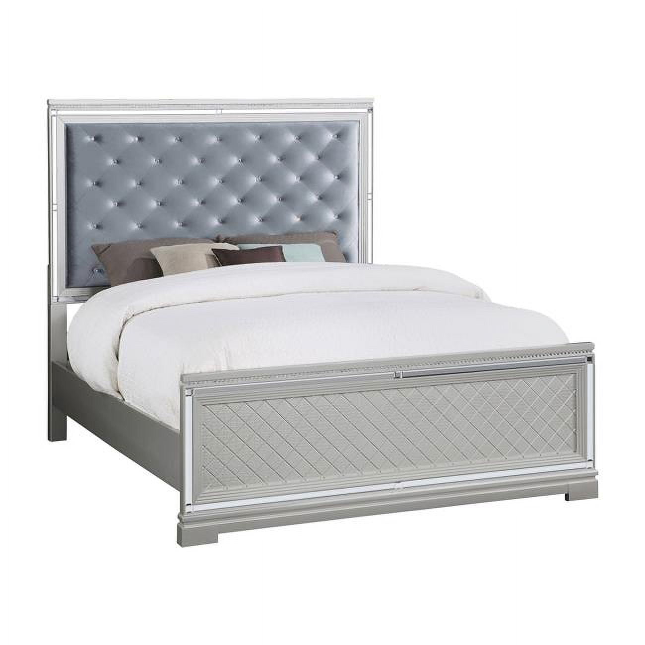 BM302856 Velvet Upholstery Tufted Headboard Axl California King Size Bed, Silver & Metallic -  Benjara