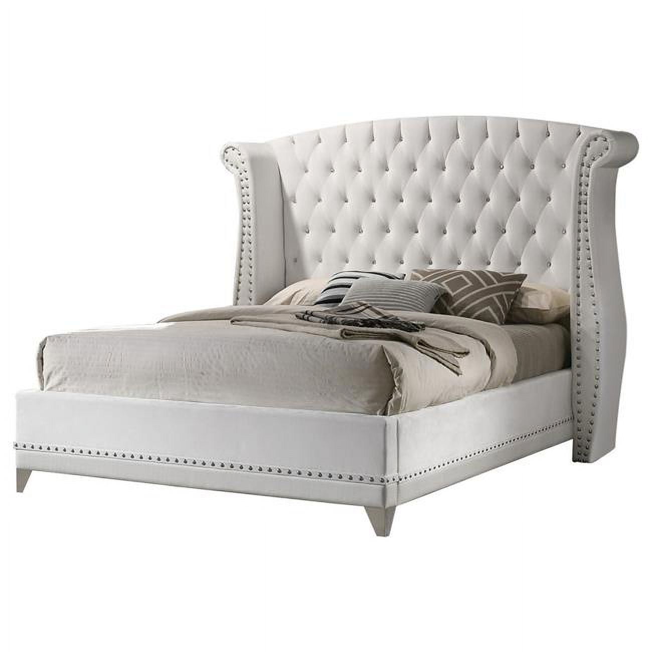 Velvet Upholstery Crystal Button Tufting Dini Wingback Queen Size Bed, Chrome, White & Silver -  DeluxDesigns, DE3351639