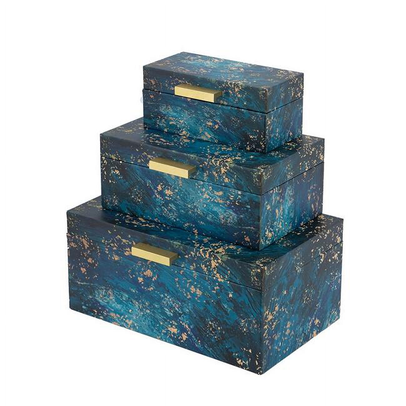 Picture of Benjara BM302659 Gold Handles & Blue Design Decorative Rectangular Storage Boxes&#44; Gold - Set of 3