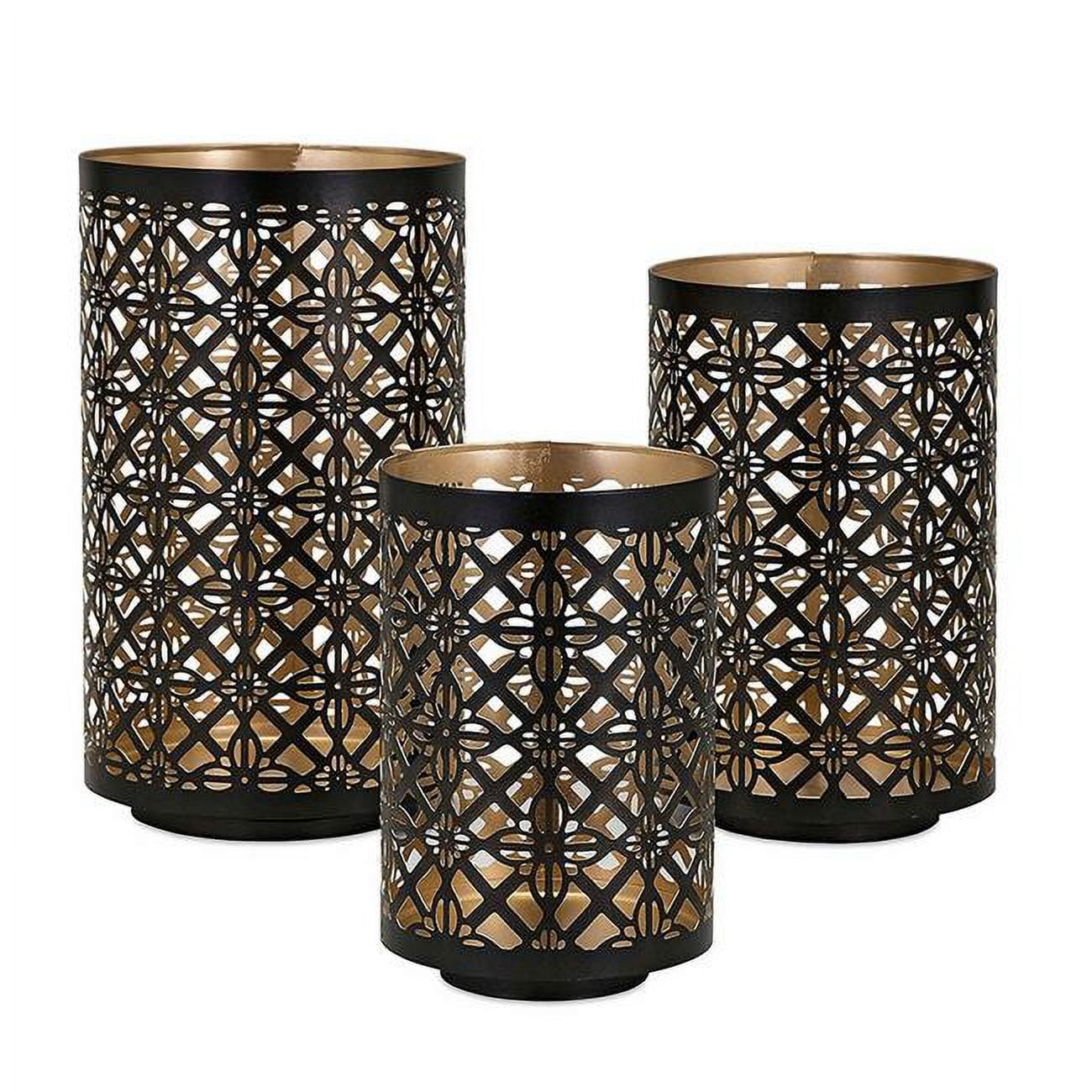 Picture of Benjara BM302575 Matte Black & Gold Latticework Rounded Iron Candle Holder Lanterns - Set of 3
