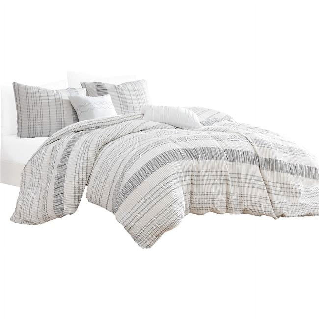 BM304773 Wim King Size Duvet Comforter Set with Accent Pillows, Striped Gray, 6 Piece -  Benjara