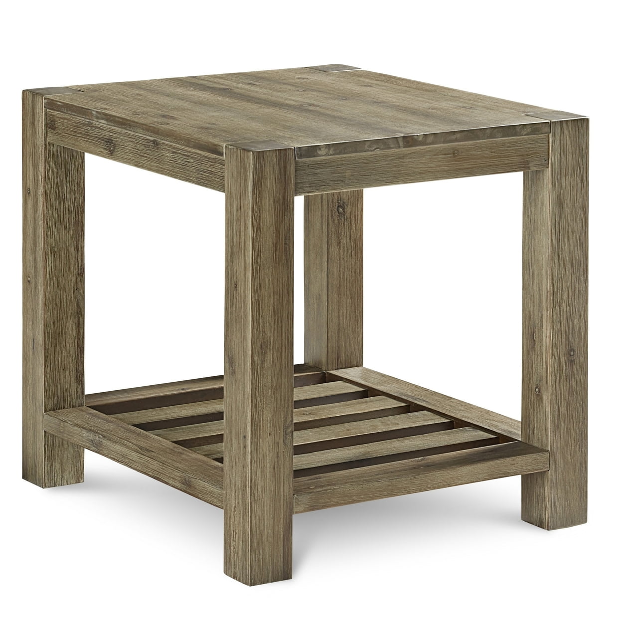 BM306036 28 in. Cyon Washed Gray & Brown Wood Open Shelf Side End Table -  Benjara