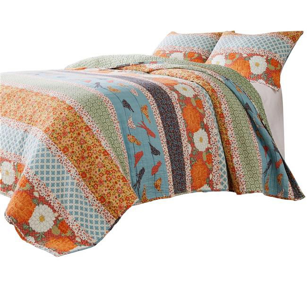 Picture of Benjara BM307092 Floral & Songbirds Prints Twin Quilt & 1 Pillow Sham Set&#44; Multi Color - 3 Piece