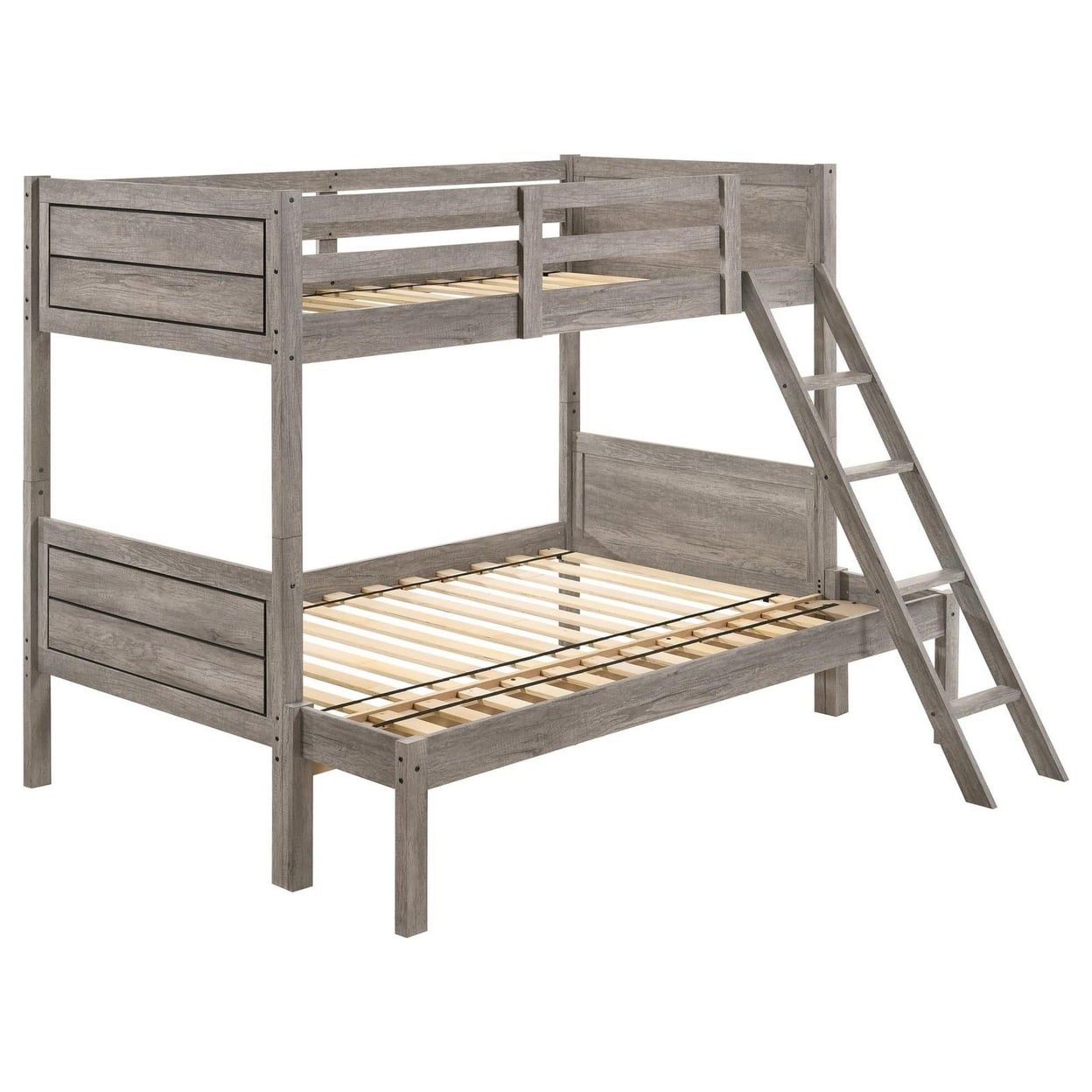 BM307130 Slatted Guard Rails Weathered Wood Over Full Bunk Bed Set, Taupe - Twin Size -  Benjara