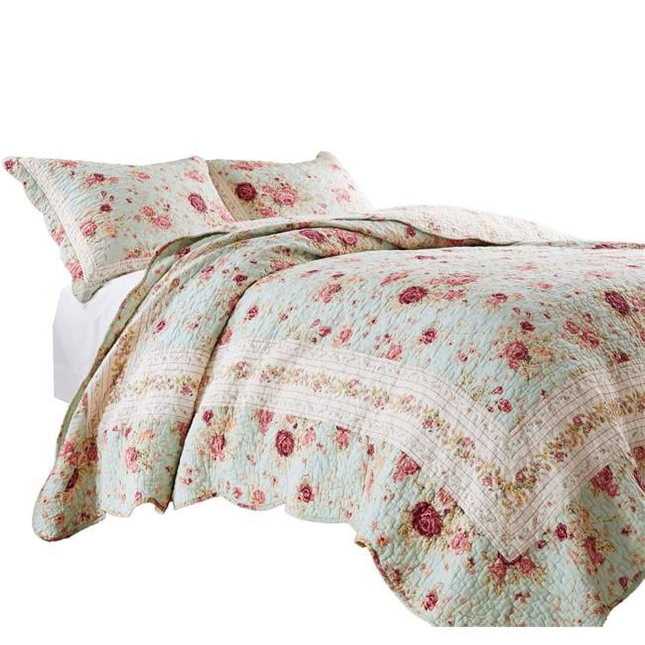 Picture of Benjara BM307073 Rosle Floral Pattern Cotton Twin Size Quilt & Pillow Sham Set with Scallop Edges&#44; Blue - 2 Piece