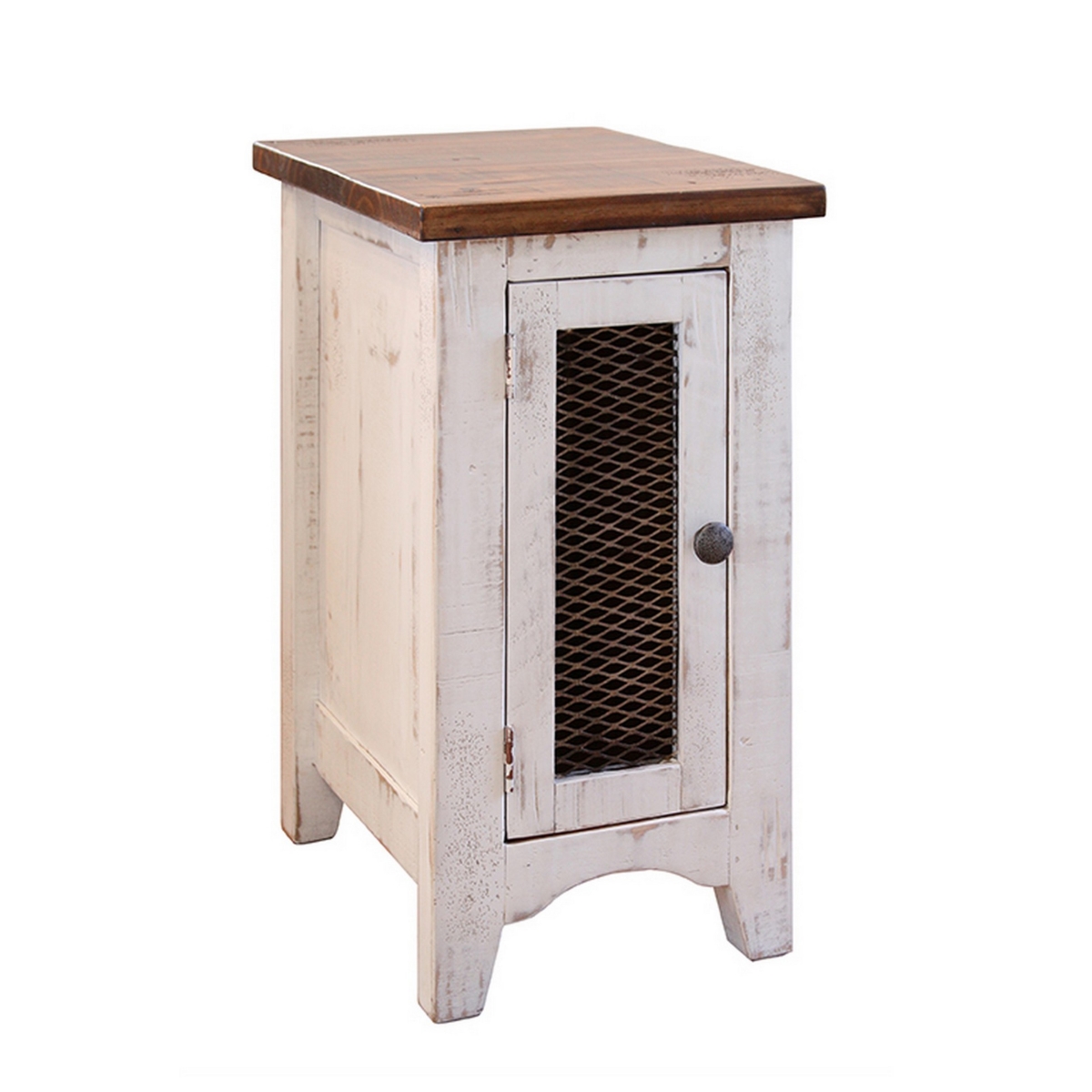 Picture of BenJara BM306789 26 in. Ata Pine Wood Chairside Table with Mesh Door&#44; White & Brown