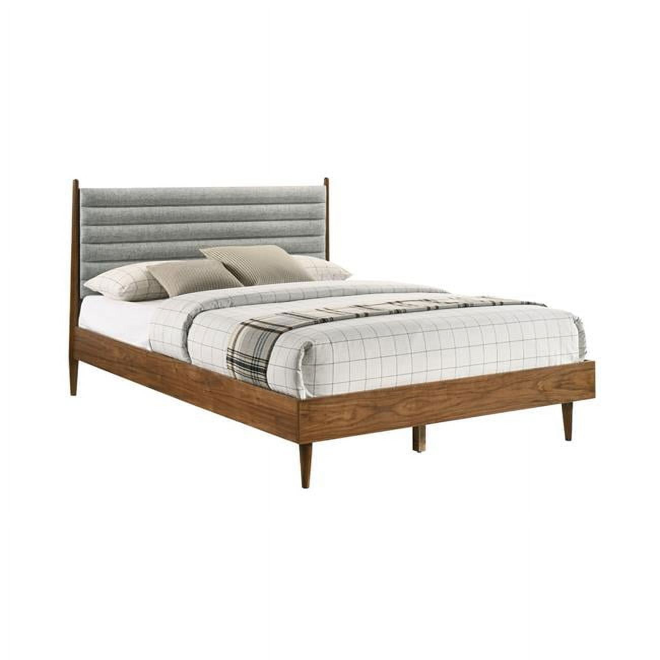 BM308843 Upholstery Channel Tufted Walnut Mian Queen Size Platform Bed Frame, Brown & Gray -  Benjara