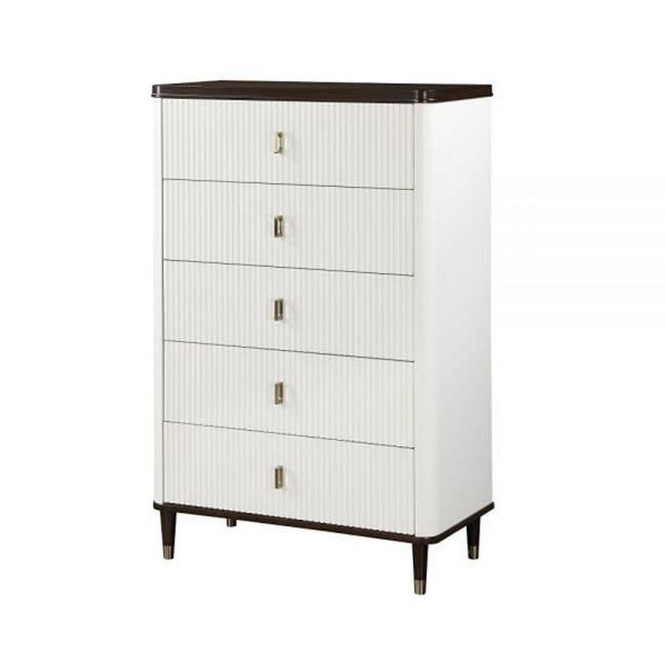 BM309467 36 in. Aren 5 Drawers Solid Wood Tall Dresser Chest with Jewelry Tray, White & Brown -  Benjara