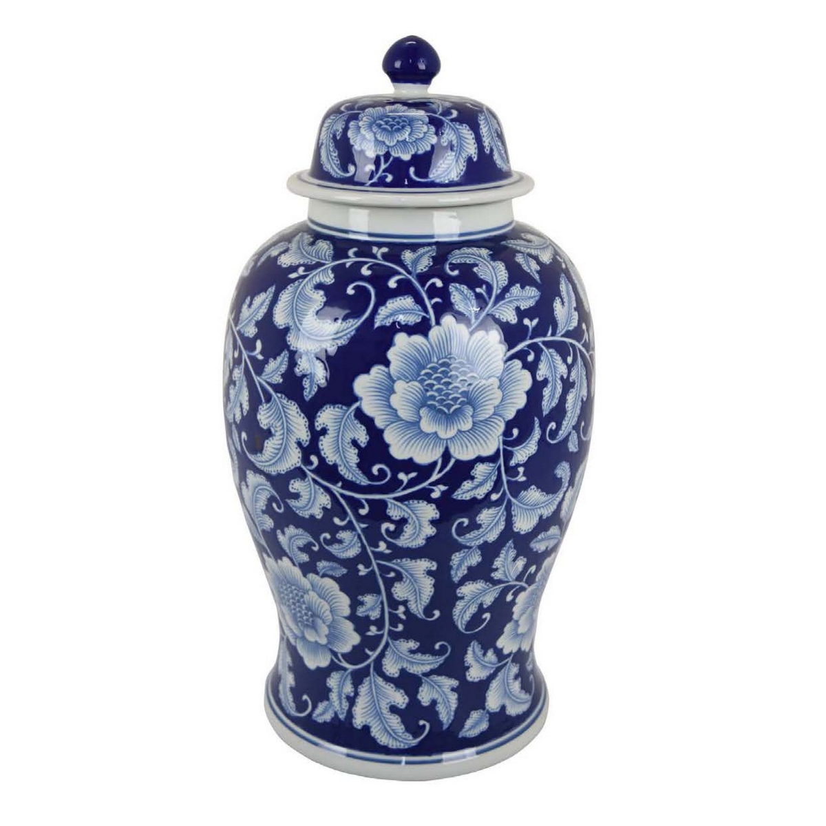 BM309850 21 in. Floral Print Lid Ceramic Pottery Temple Ginger Jar, Blue & White -  Benjara