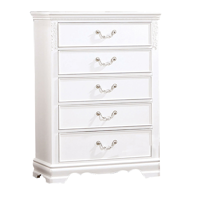 BM310967 48 in. Aleci Tall Chest 5 Drawers Wood Carved Dresser, Nickel & White -  Benjara