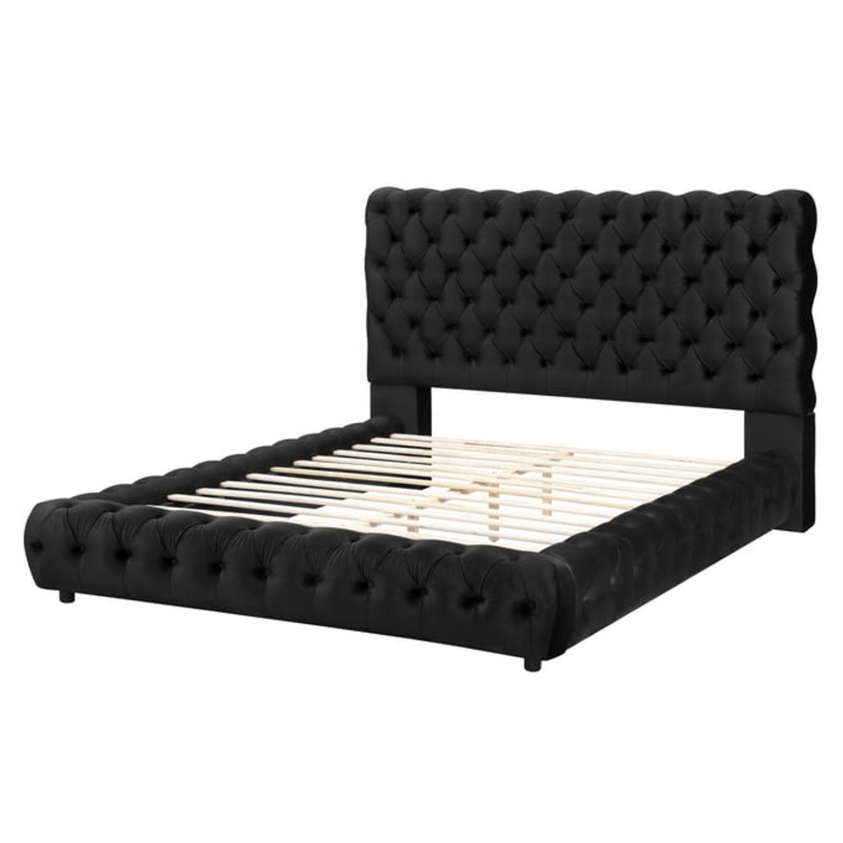 BM307245 James Platform Style Button Tufted Velvet Upholstery Bed, Black - Queen Size -  Benjara