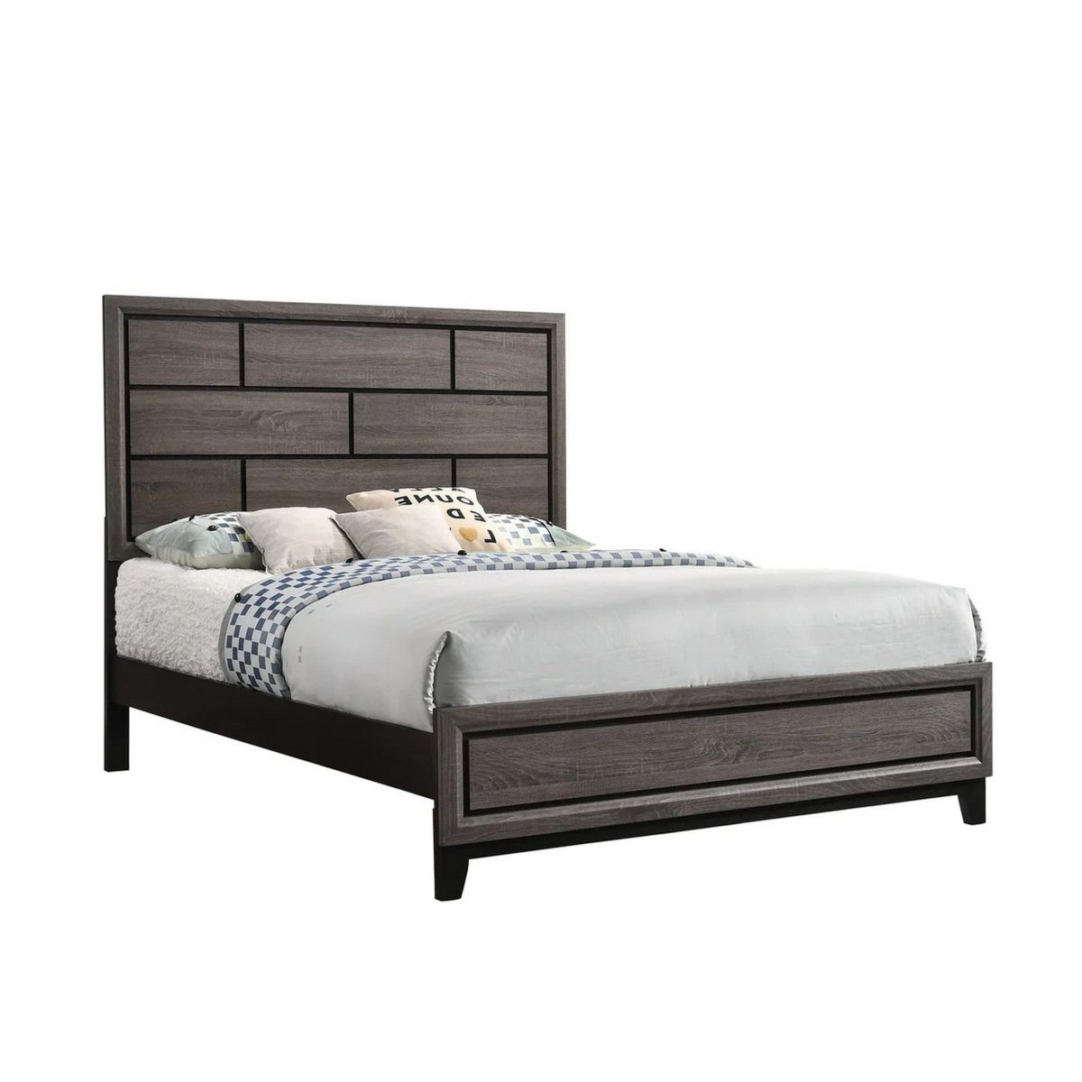 BM307307 Asir Geometric Panel Headboard Modern Wood Finish Bed, Gray - Queen Size -  Benjara