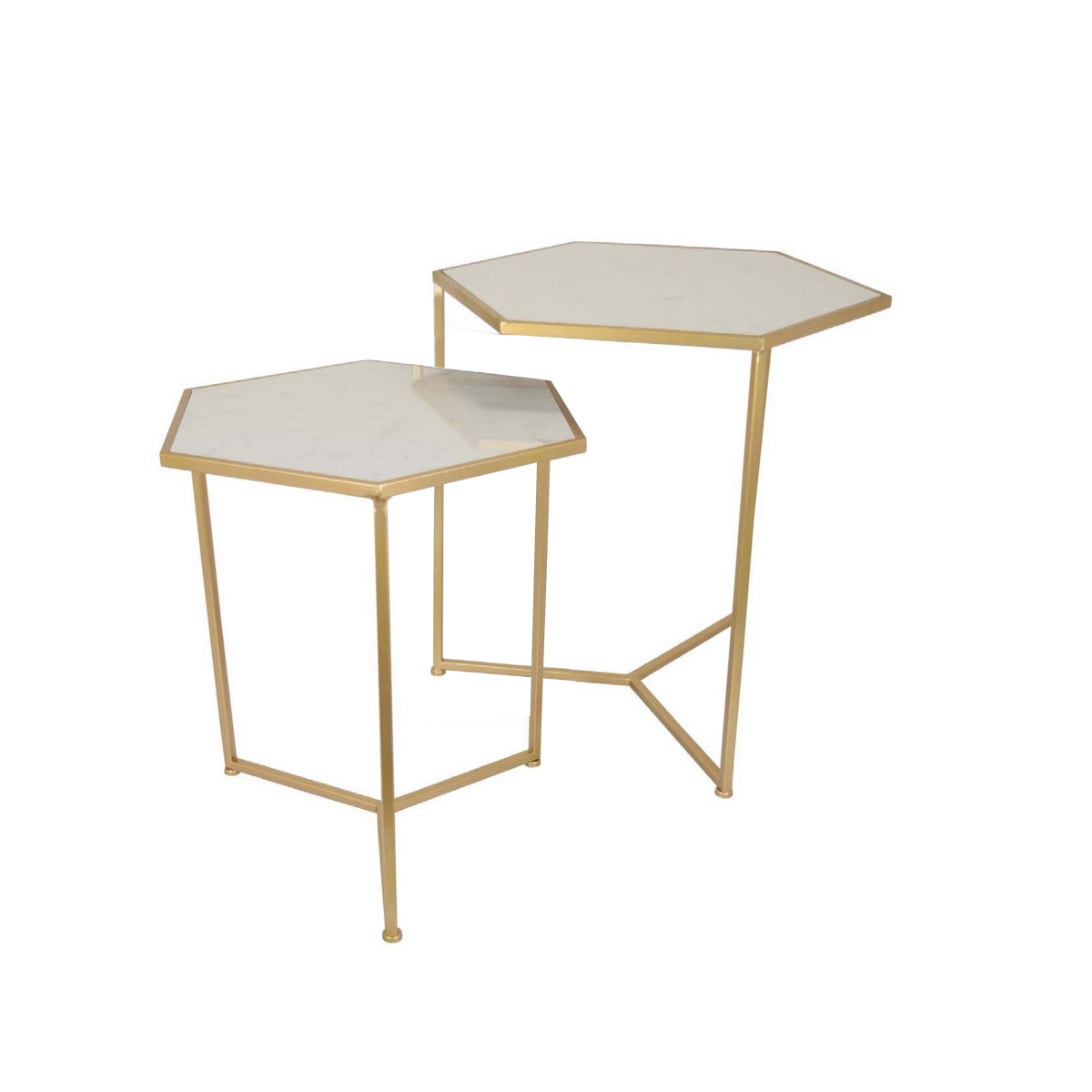 BM311455 Metal Gold Frames Hexagonal White Tabletops Plant Stand Table - Set of 2 -  Benjara